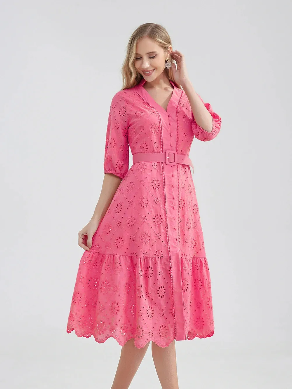 Women's V-Neck Button A-line Fashion Designer Dresses (Midi)