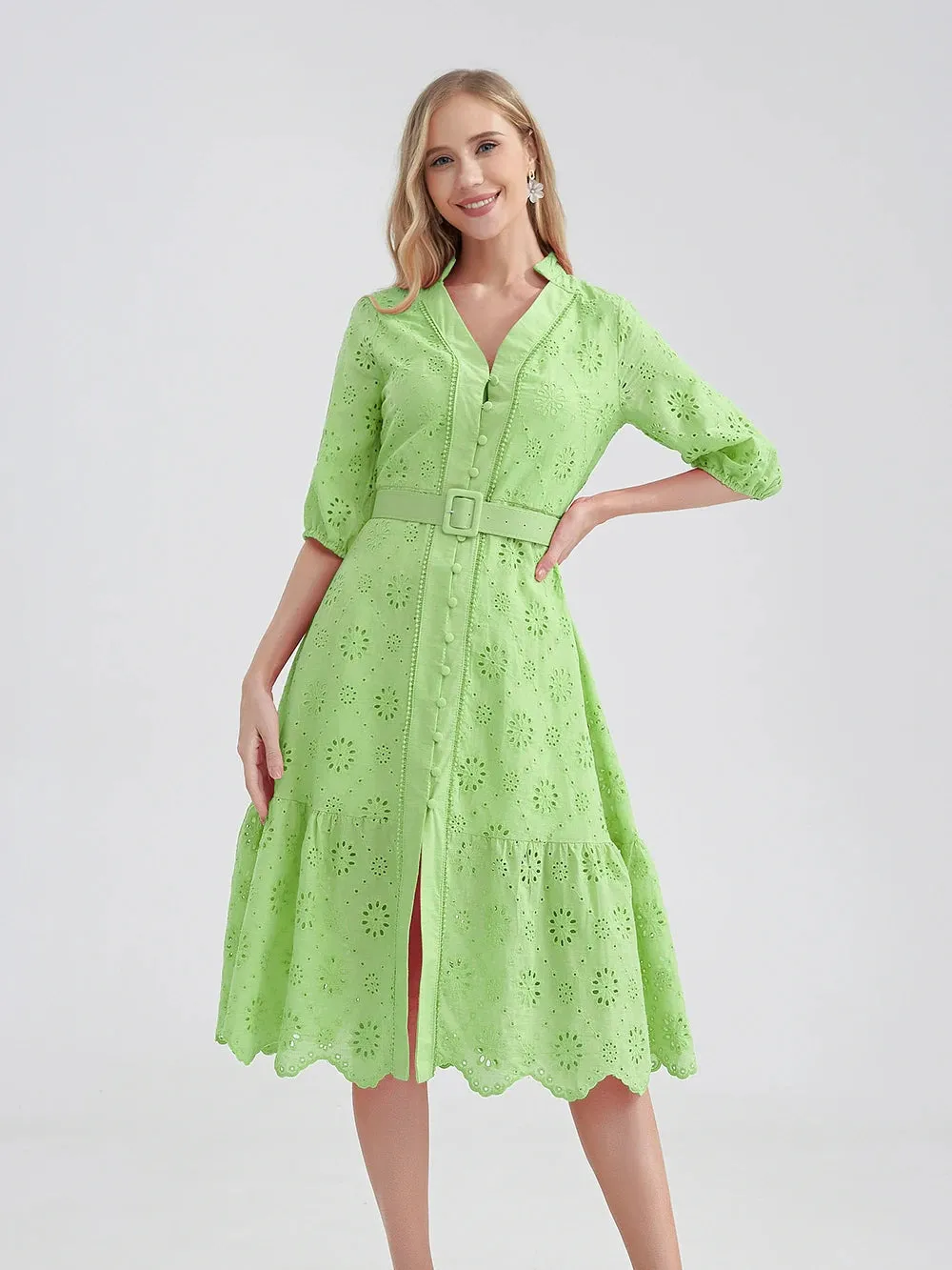 Women's V-Neck Button A-line Fashion Designer Dresses (Midi)