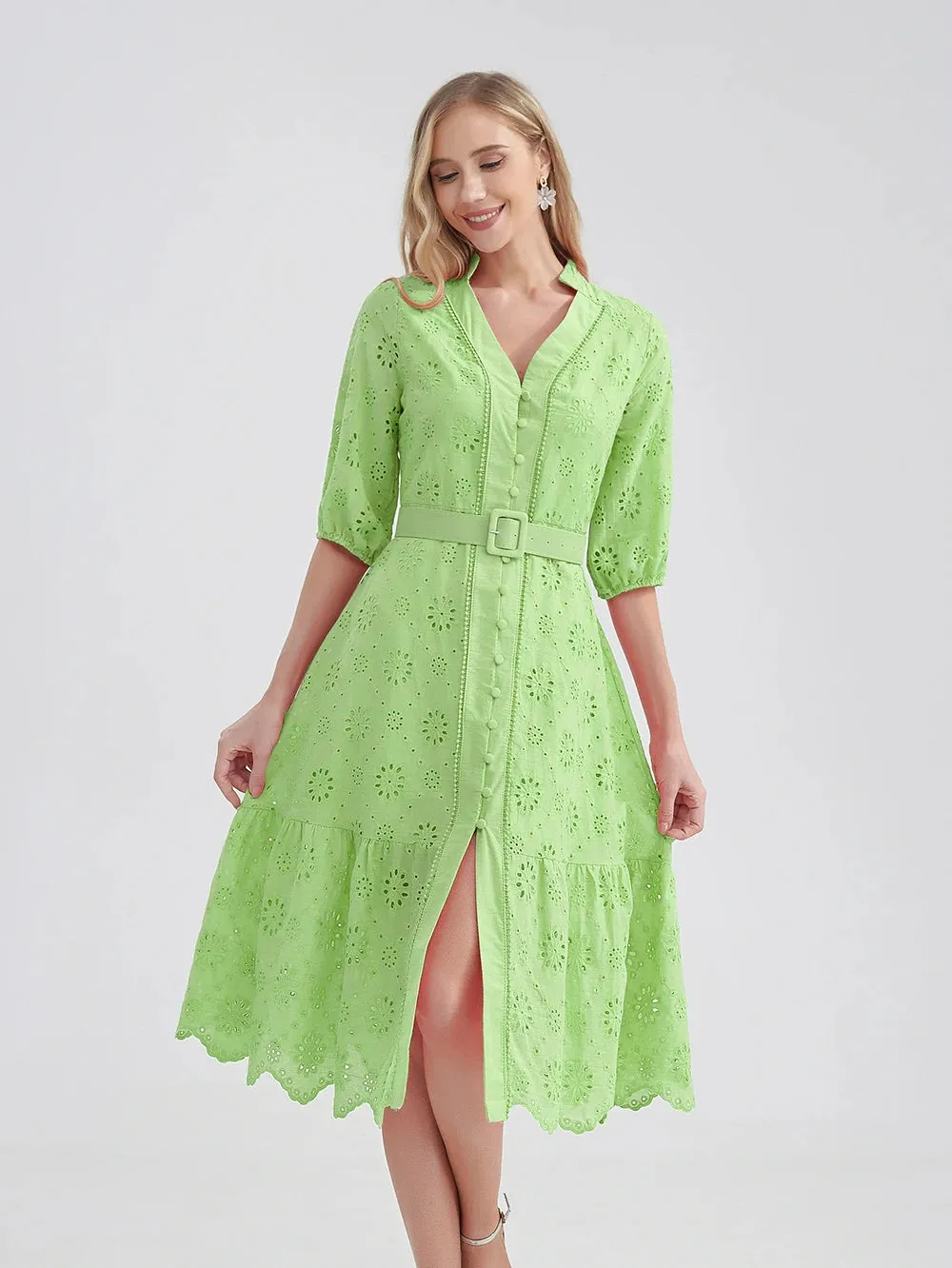 Women's V-Neck Button A-line Fashion Designer Dresses (Midi)