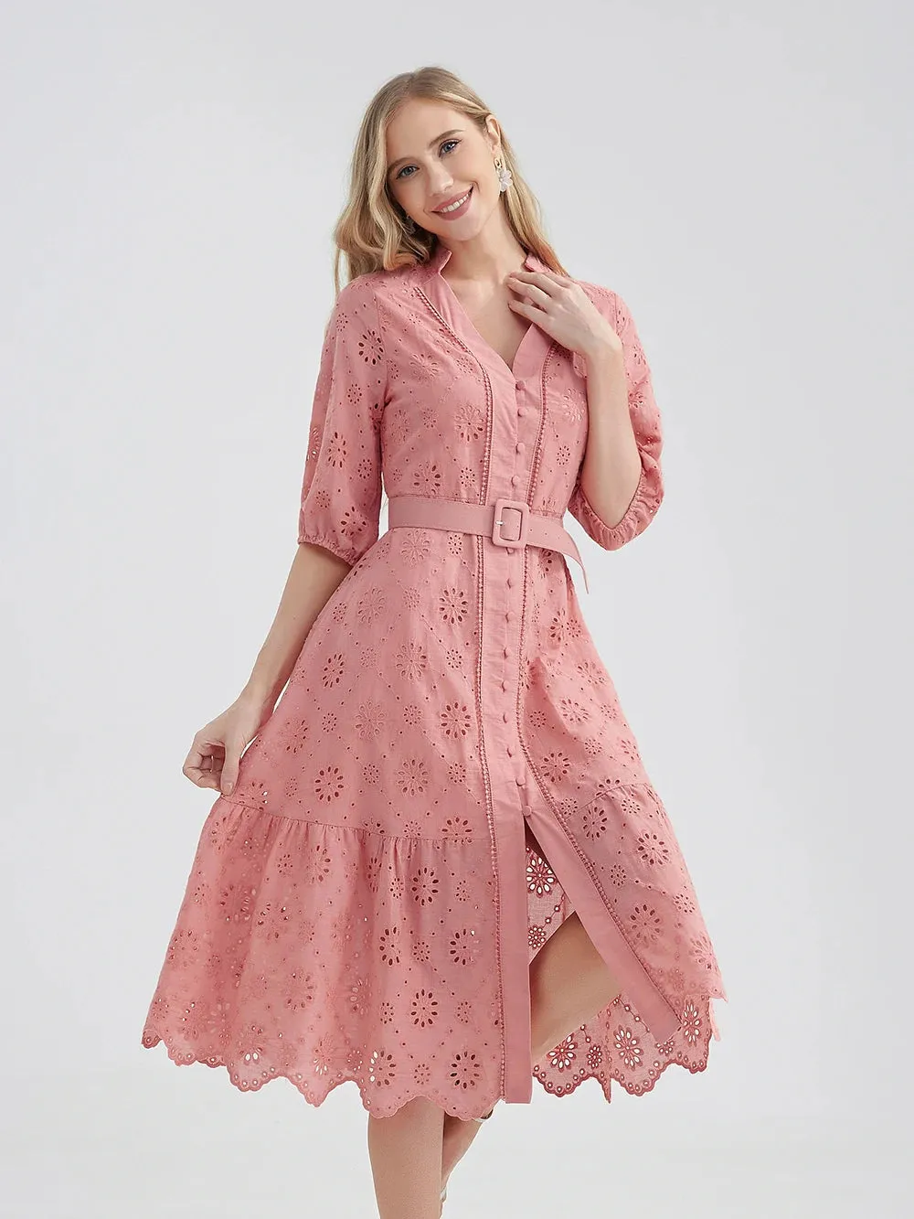Women's V-Neck Button A-line Fashion Designer Dresses (Midi)