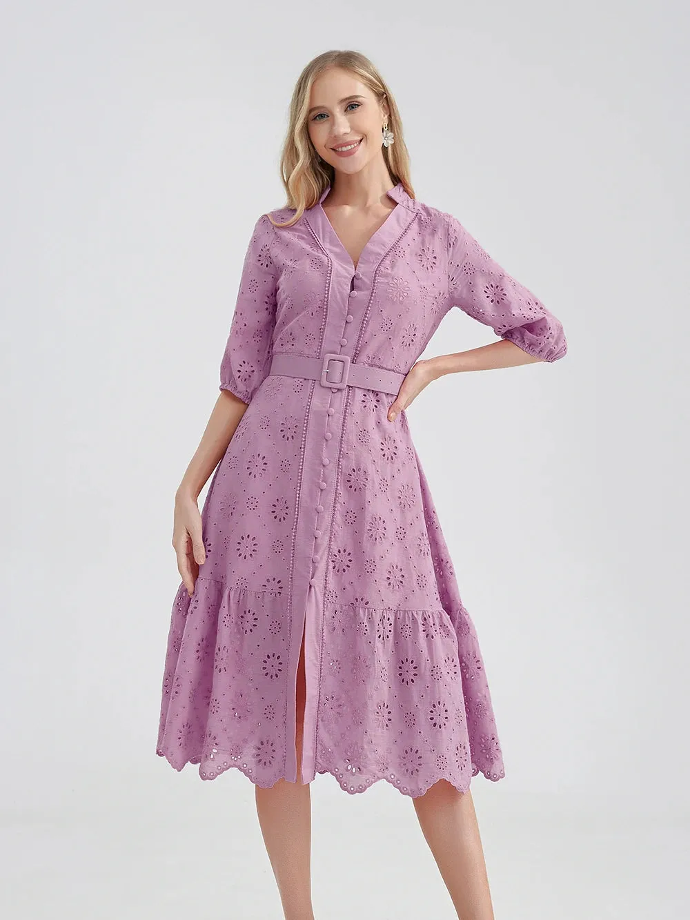 Women's V-Neck Button A-line Fashion Designer Dresses (Midi)