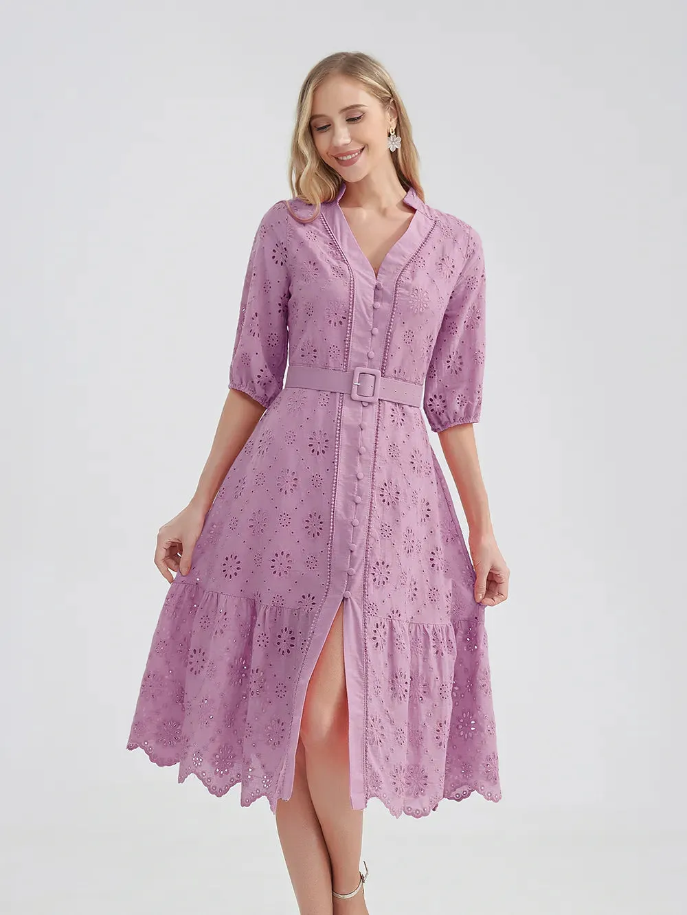Women's V-Neck Button A-line Fashion Designer Dresses (Midi)