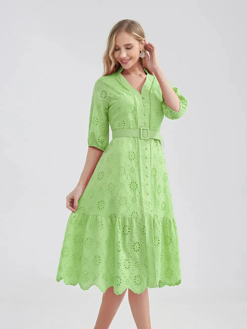 Women's V-Neck Button A-line Fashion Designer Dresses (Midi)