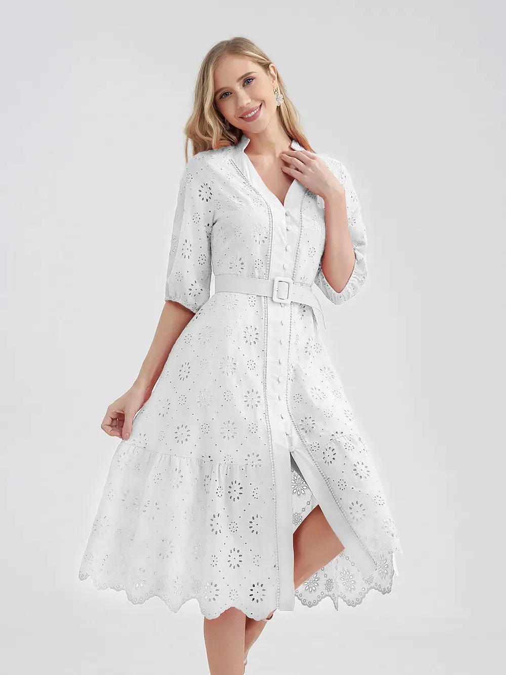 Women's V-Neck Button A-line Fashion Designer Dresses (Midi)