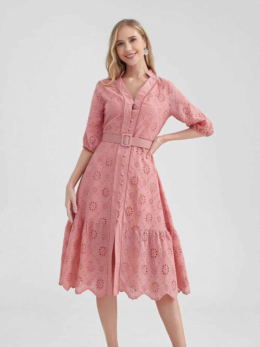 Women's V-Neck Button A-line Fashion Designer Dresses (Midi)