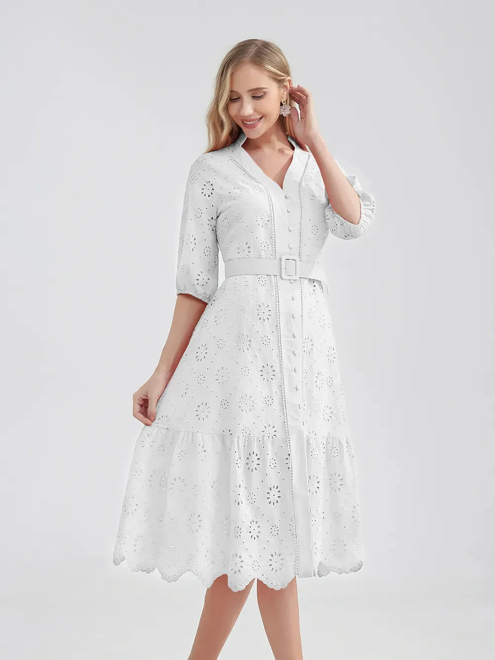 Women's V-Neck Button A-line Fashion Designer Dresses (Midi)