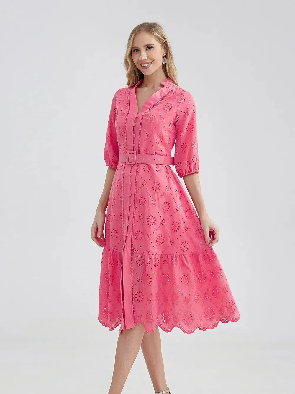 Women's V-Neck Button A-line Fashion Designer Dresses (Midi)