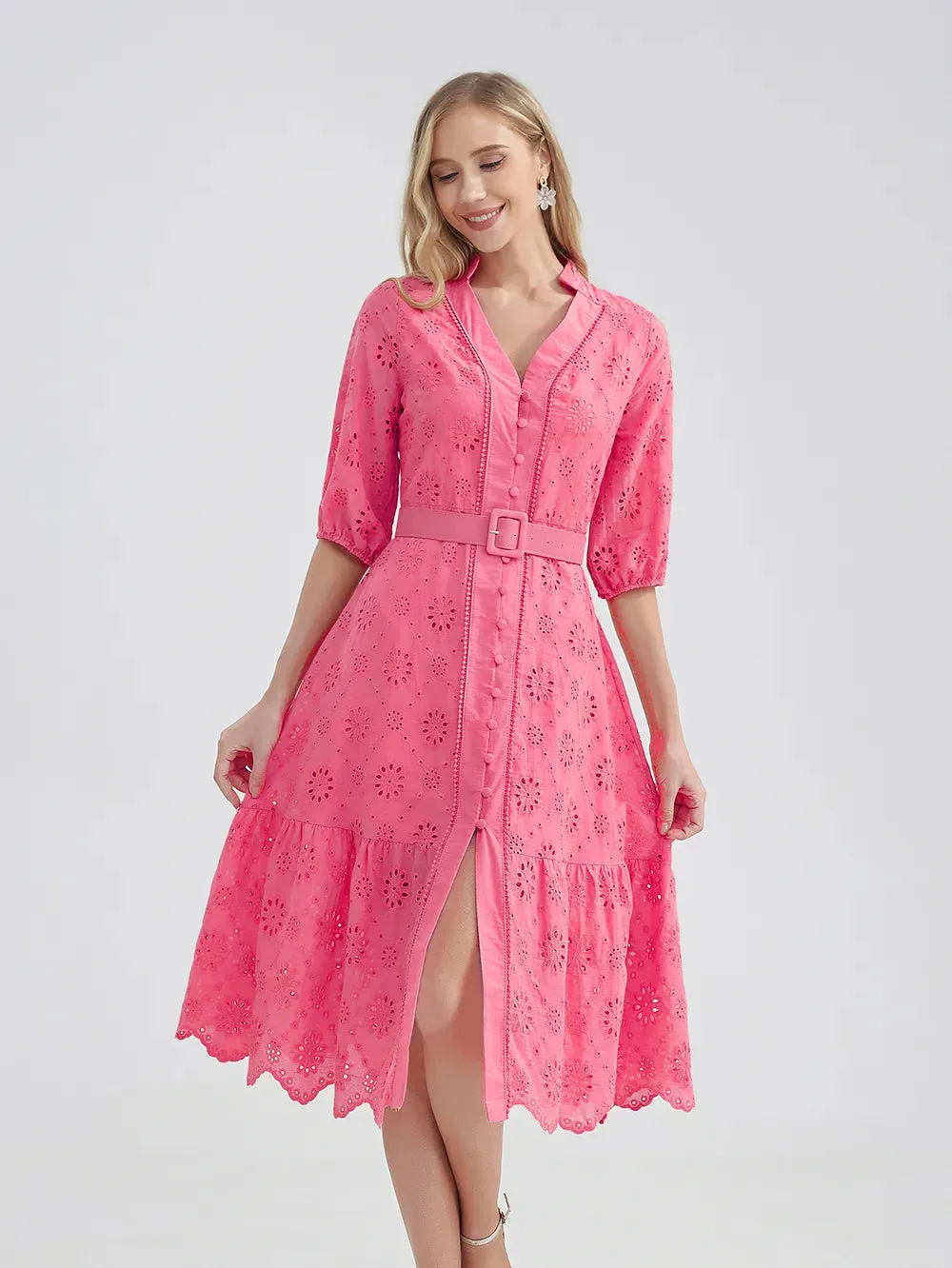Women's V-Neck Button A-line Fashion Designer Dresses (Midi)