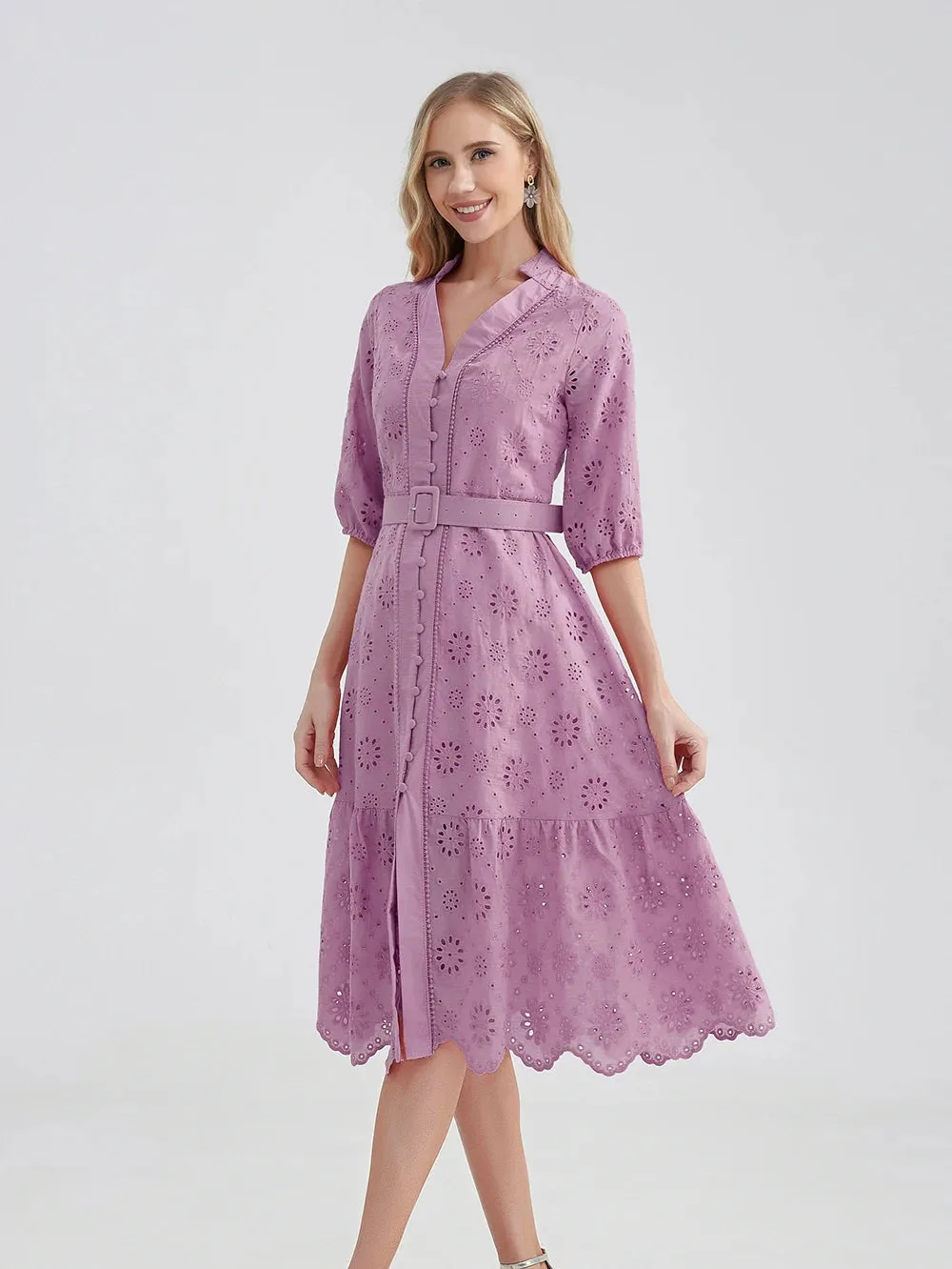 Women's V-Neck Button A-line Fashion Designer Dresses (Midi)