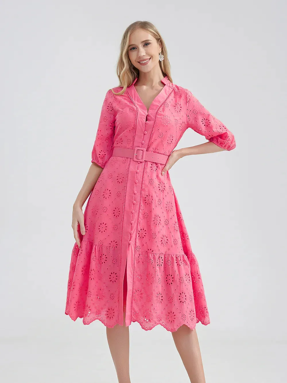 Women's V-Neck Button A-line Fashion Designer Dresses (Midi)