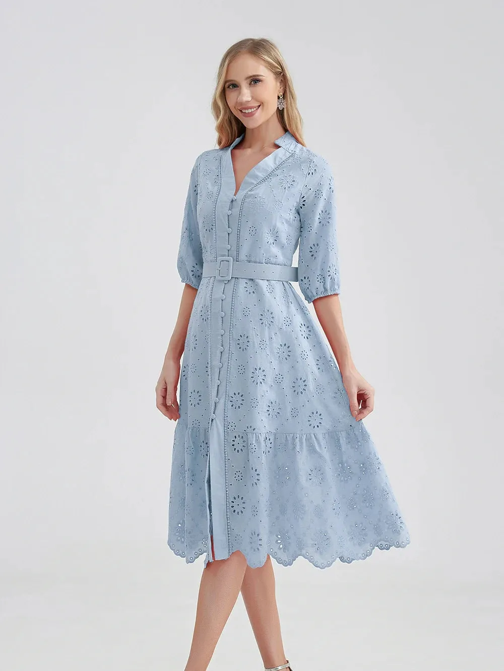 Women's V-Neck Button A-line Fashion Designer Dresses (Midi)