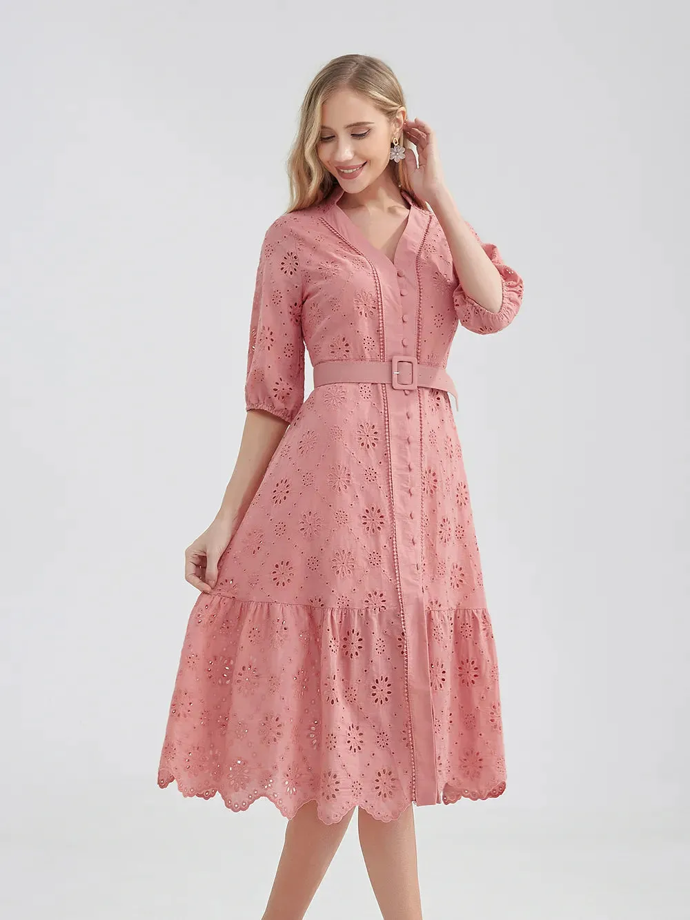 Women's V-Neck Button A-line Fashion Designer Dresses (Midi)