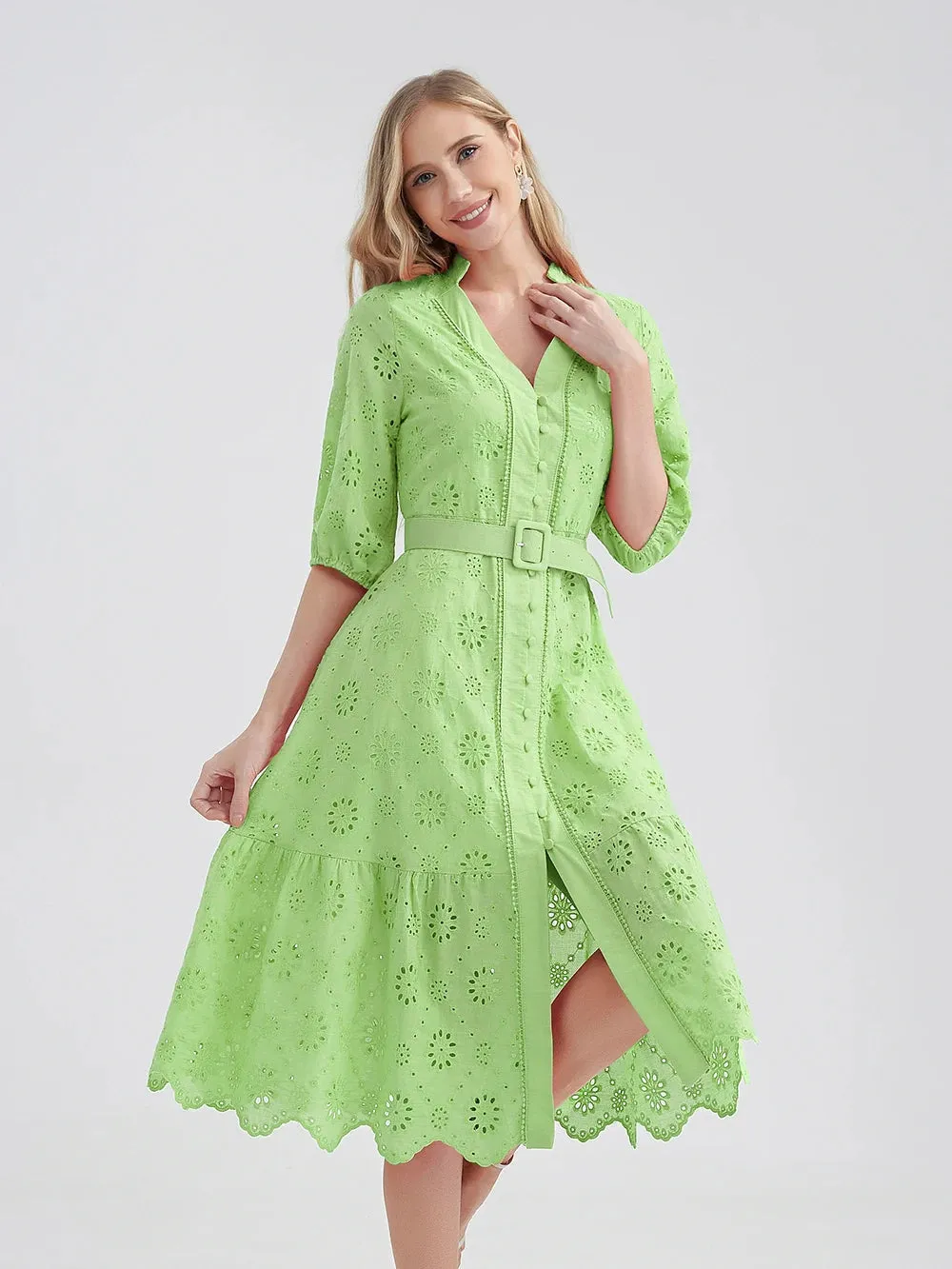 Women's V-Neck Button A-line Fashion Designer Dresses (Midi)