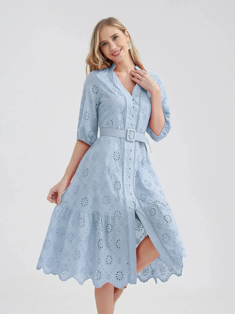 Women's V-Neck Button A-line Fashion Designer Dresses (Midi)