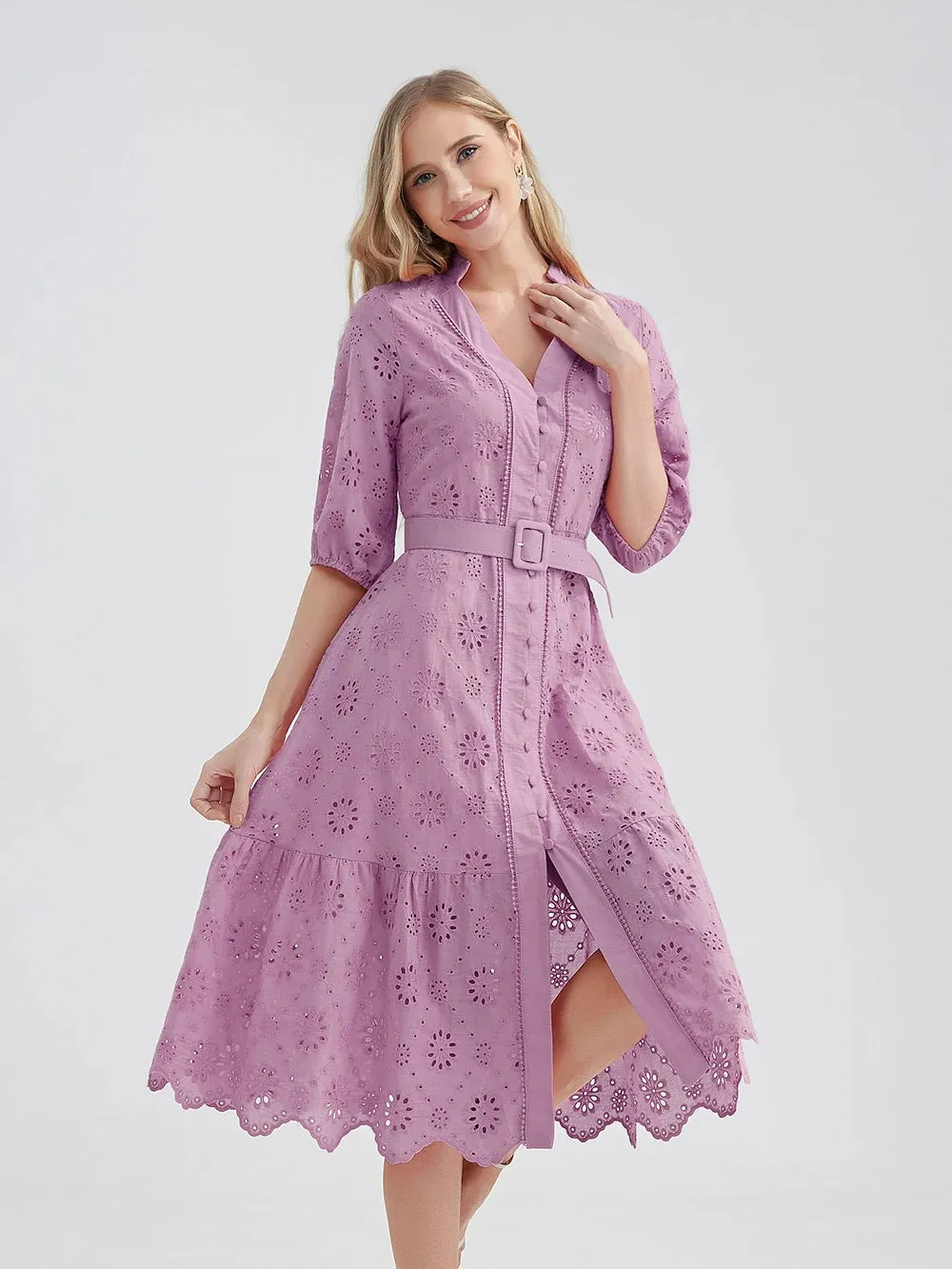 Women's V-Neck Button A-line Fashion Designer Dresses (Midi)