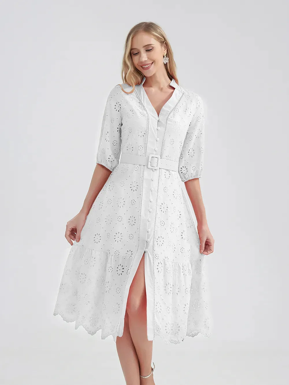 Women's V-Neck Button A-line Fashion Designer Dresses (Midi)