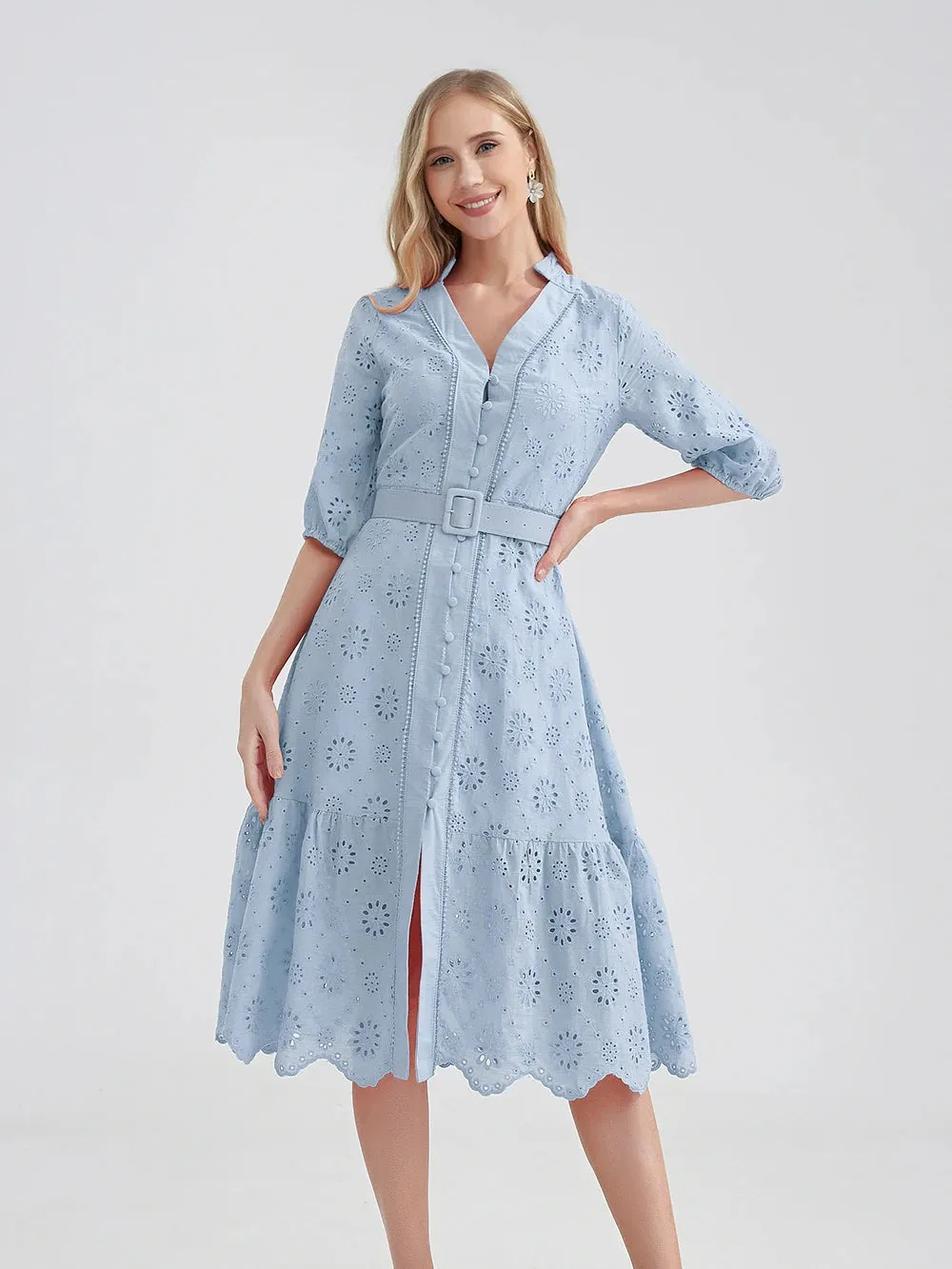 Women's V-Neck Button A-line Fashion Designer Dresses (Midi)