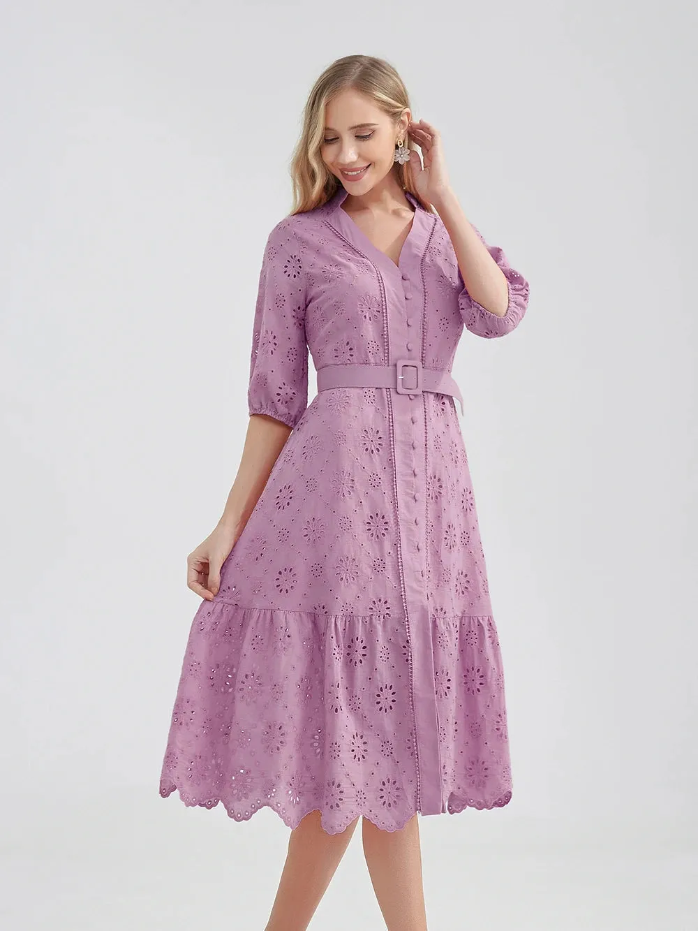 Women's V-Neck Button A-line Fashion Designer Dresses (Midi)