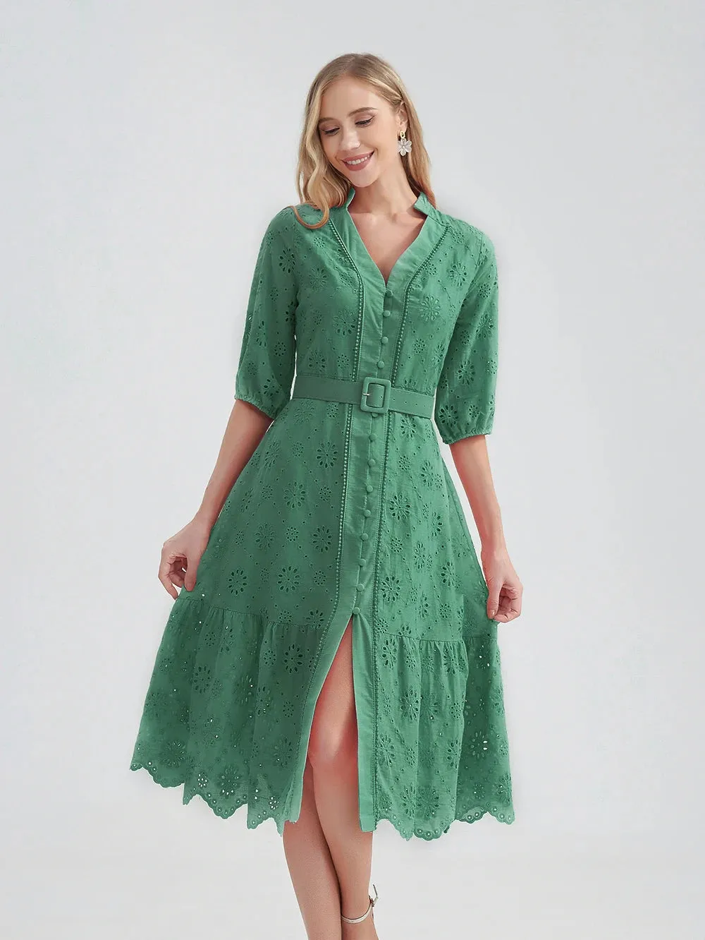 Women's V-Neck Button A-line Fashion Designer Dresses (Midi)