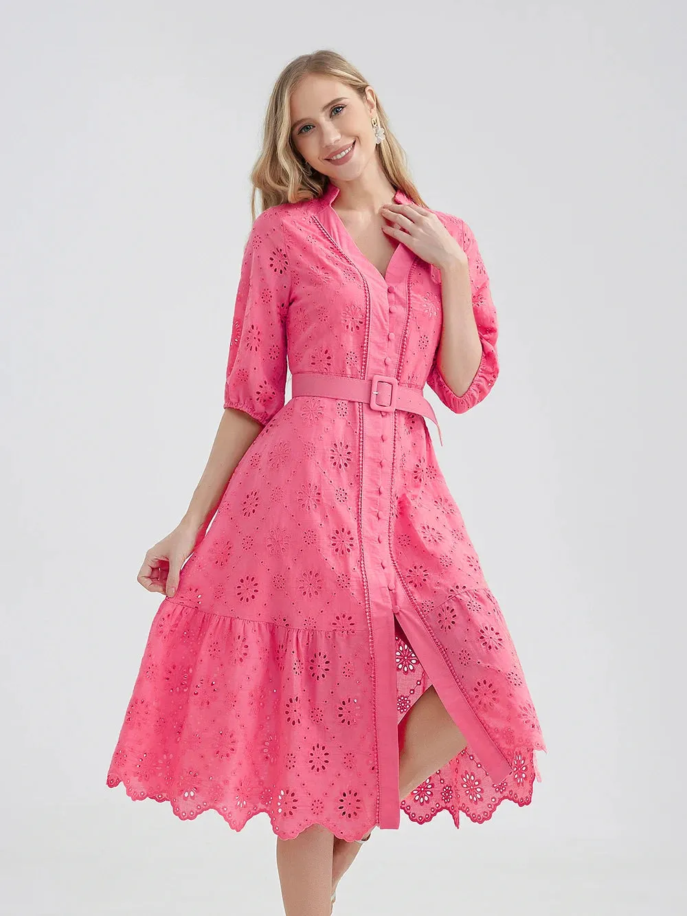 Women's V-Neck Button A-line Fashion Designer Dresses (Midi)