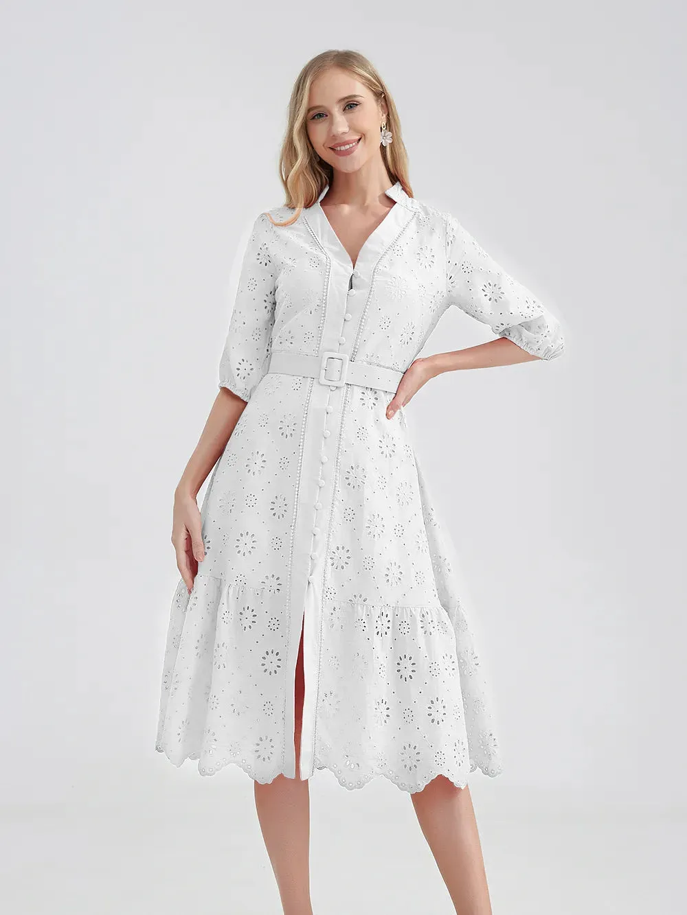 Women's V-Neck Button A-line Fashion Designer Dresses (Midi)
