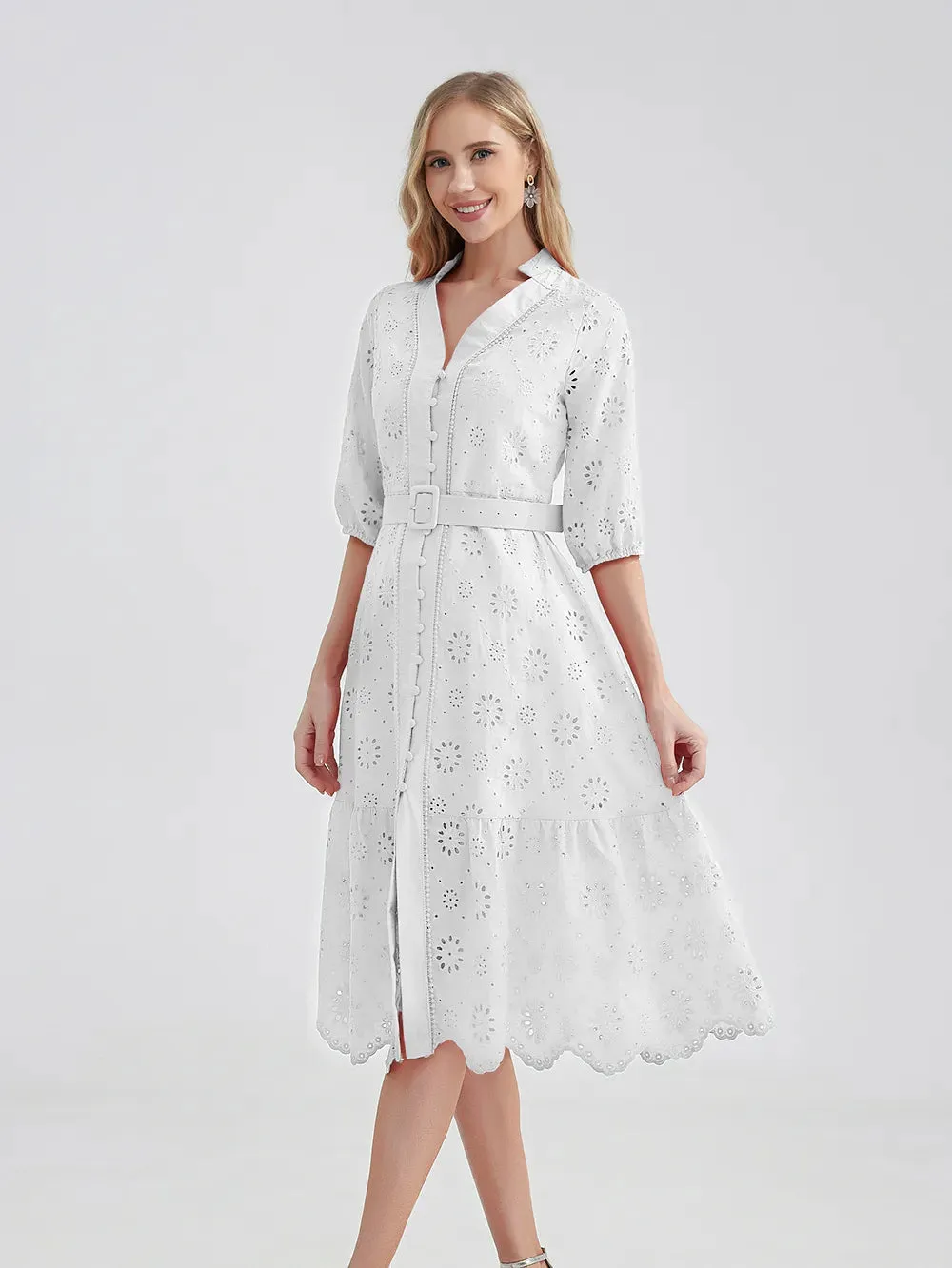 Women's V-Neck Button A-line Fashion Designer Dresses (Midi)
