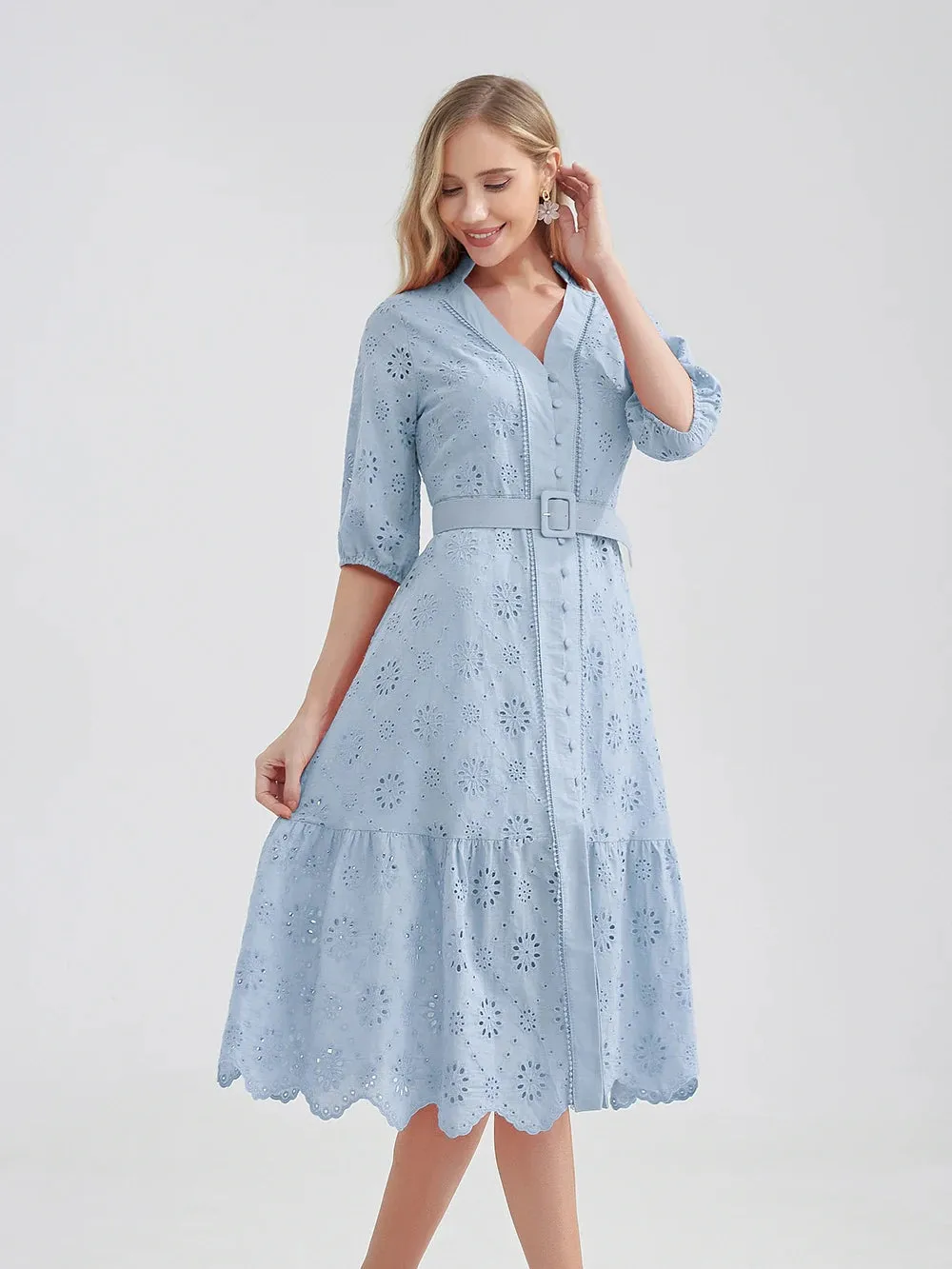 Women's V-Neck Button A-line Fashion Designer Dresses (Midi)