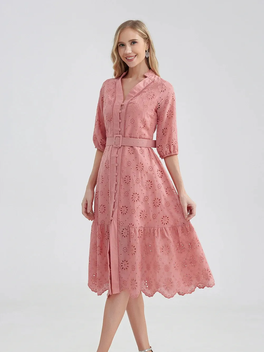 Women's V-Neck Button A-line Fashion Designer Dresses (Midi)