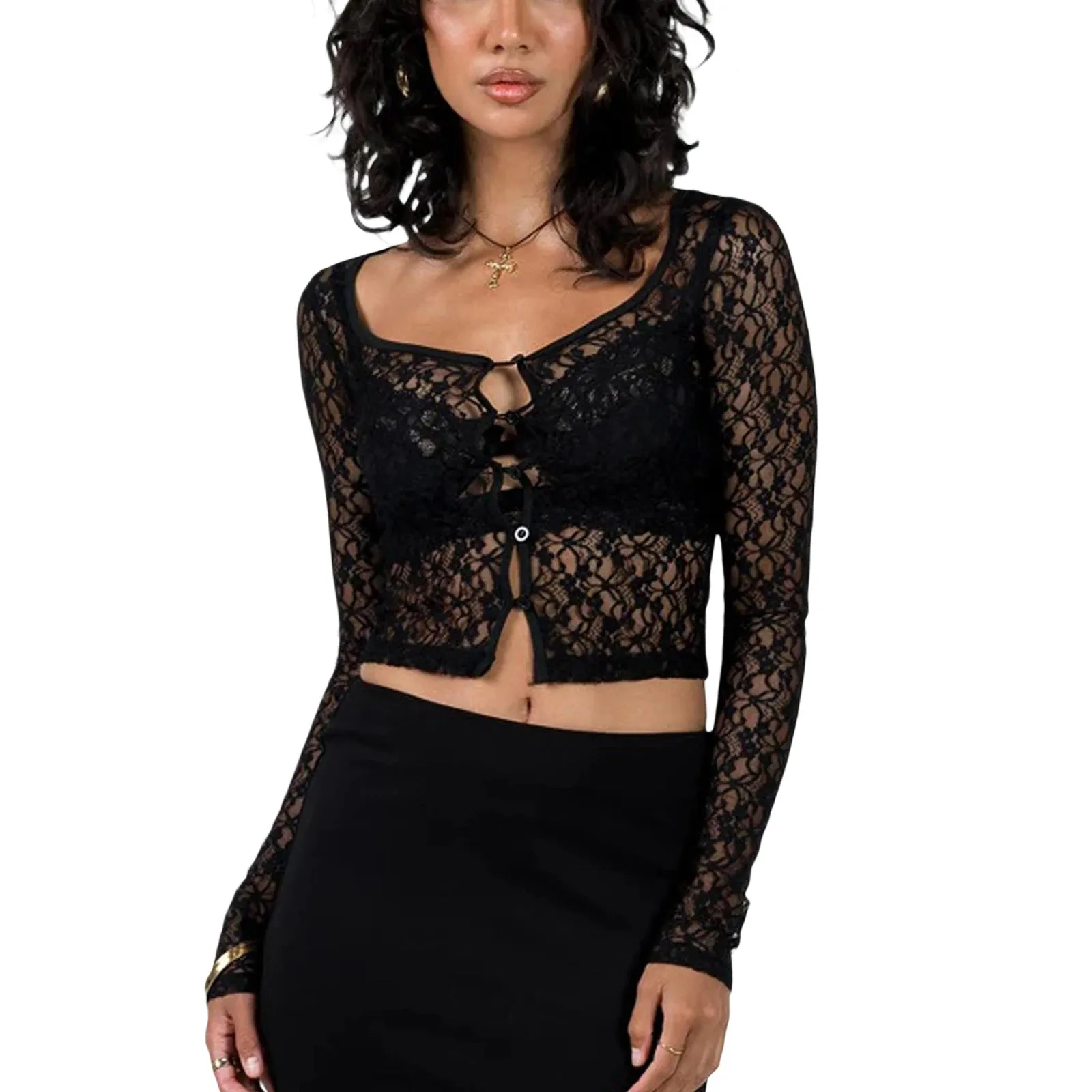Women's V-Neck Lace Fashion Designer Transparent Blouse Long-Sleeve Tops
