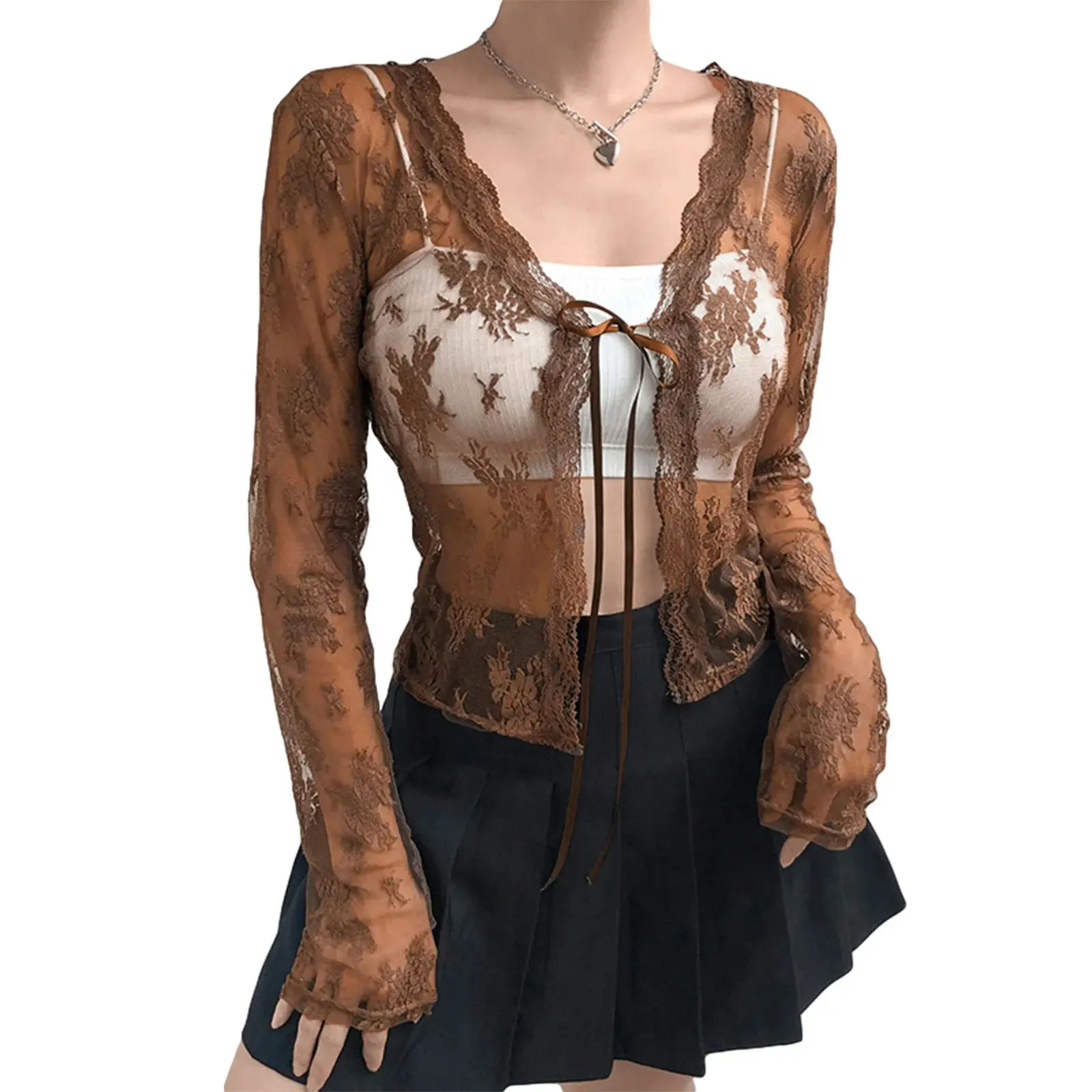 Women's V-Neck Lace Fashion Designer Transparent Blouse Long-Sleeve Tops