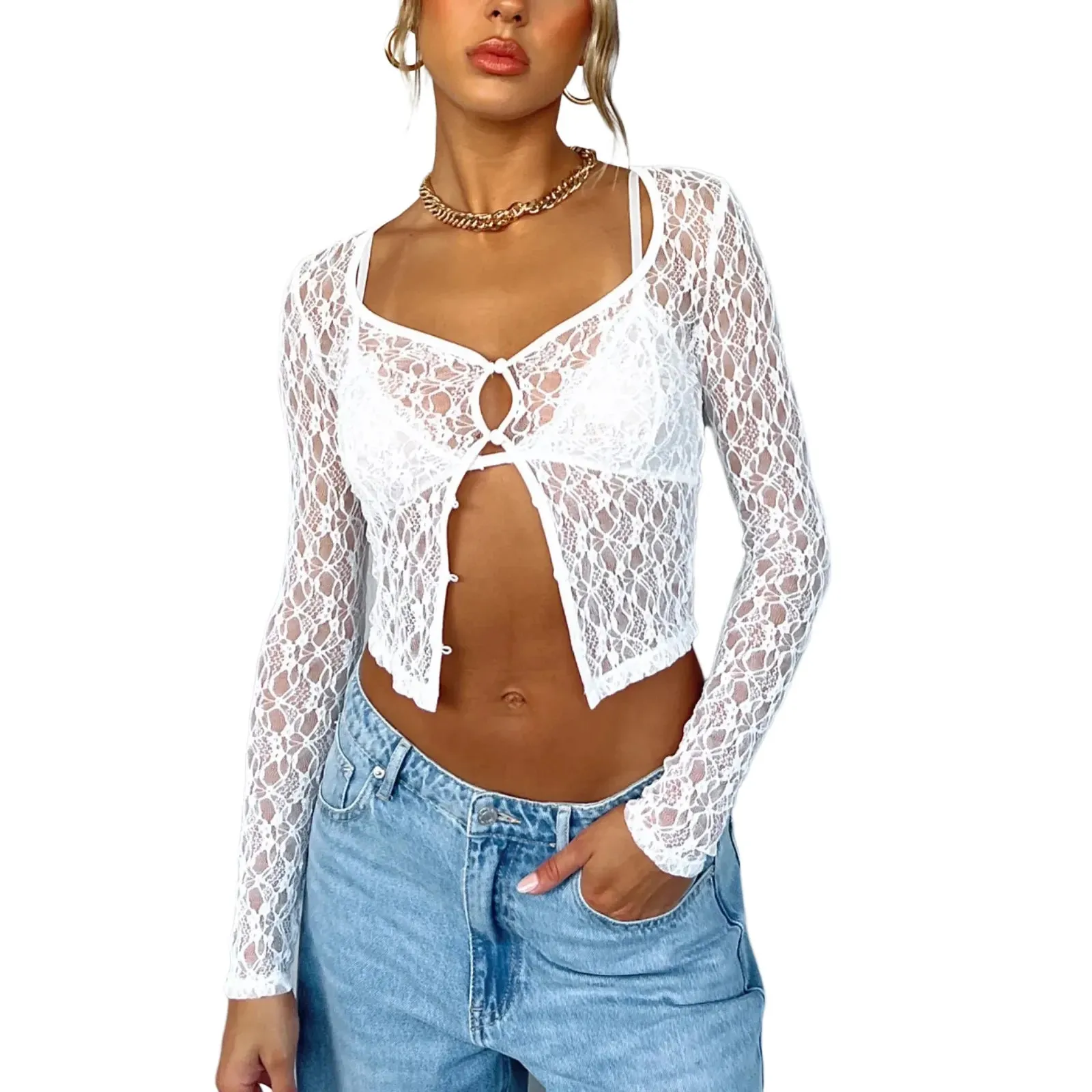 Women's V-Neck Lace Fashion Designer Transparent Blouse Long-Sleeve Tops