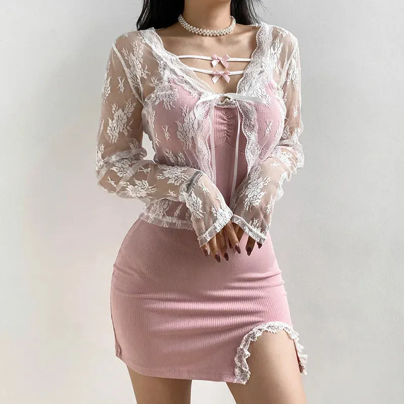Women's V-Neck Lace Fashion Designer Transparent Blouse Long-Sleeve Tops