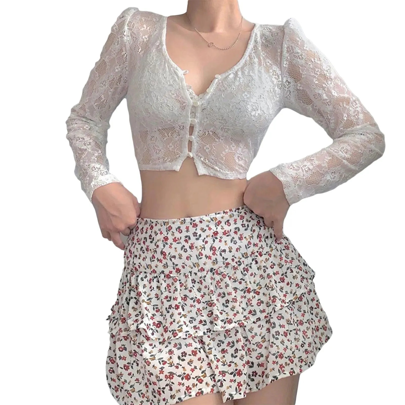 Women's V-Neck Lace Fashion Designer Transparent Blouse Long-Sleeve Tops