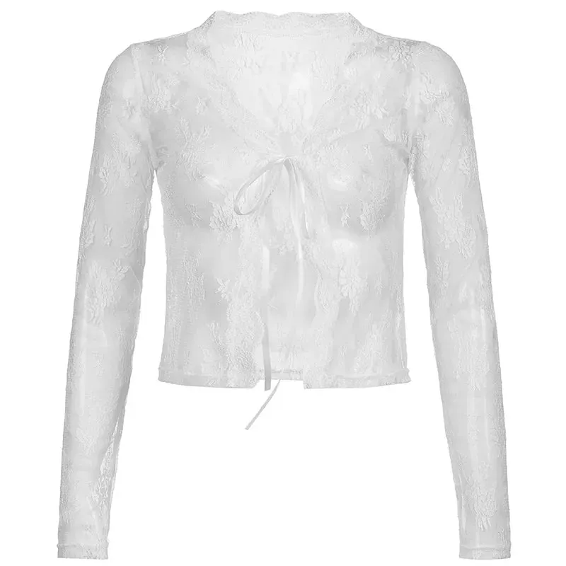 Women's V-Neck Lace Fashion Designer Transparent Blouse Long-Sleeve Tops