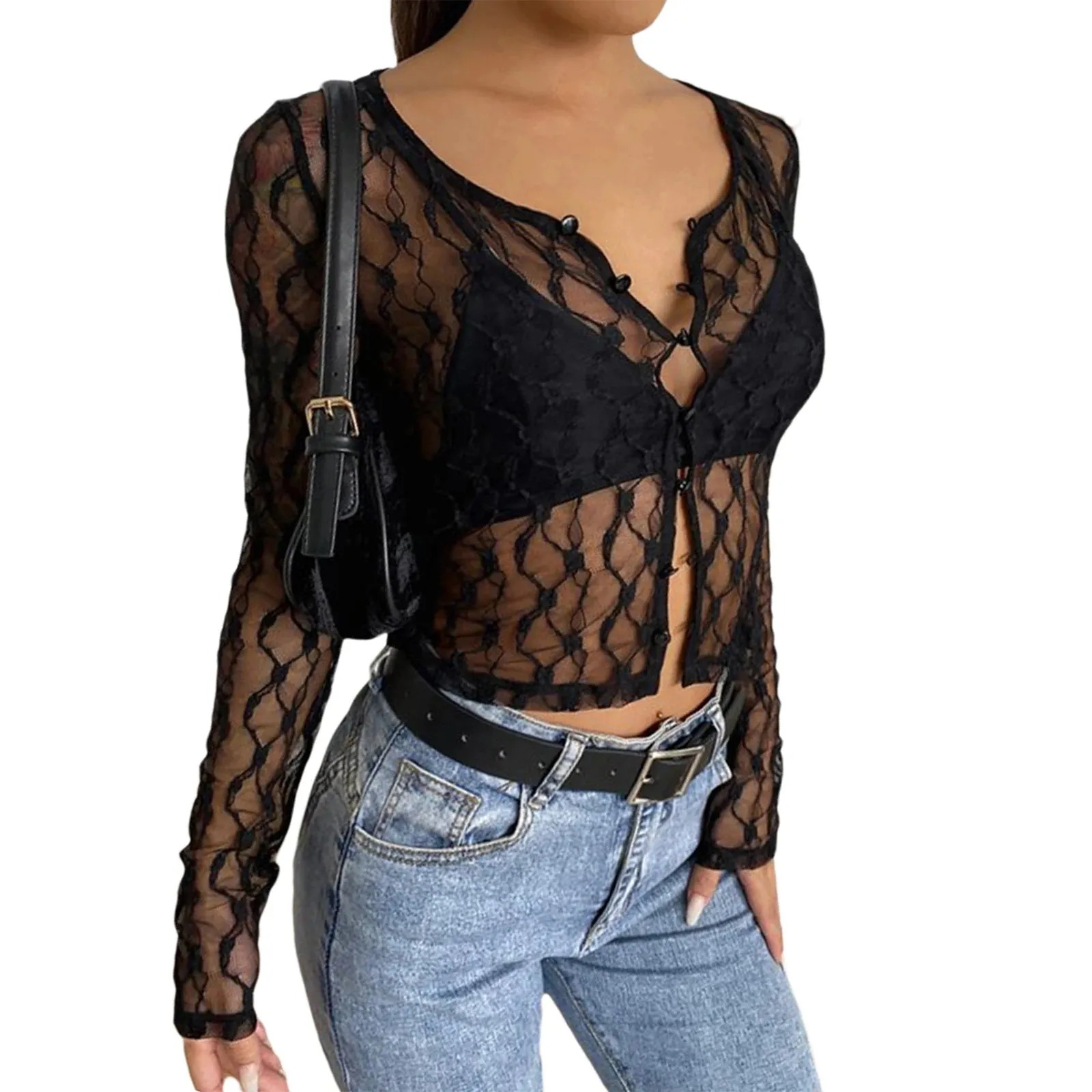 Women's V-Neck Lace Fashion Designer Transparent Blouse Long-Sleeve Tops