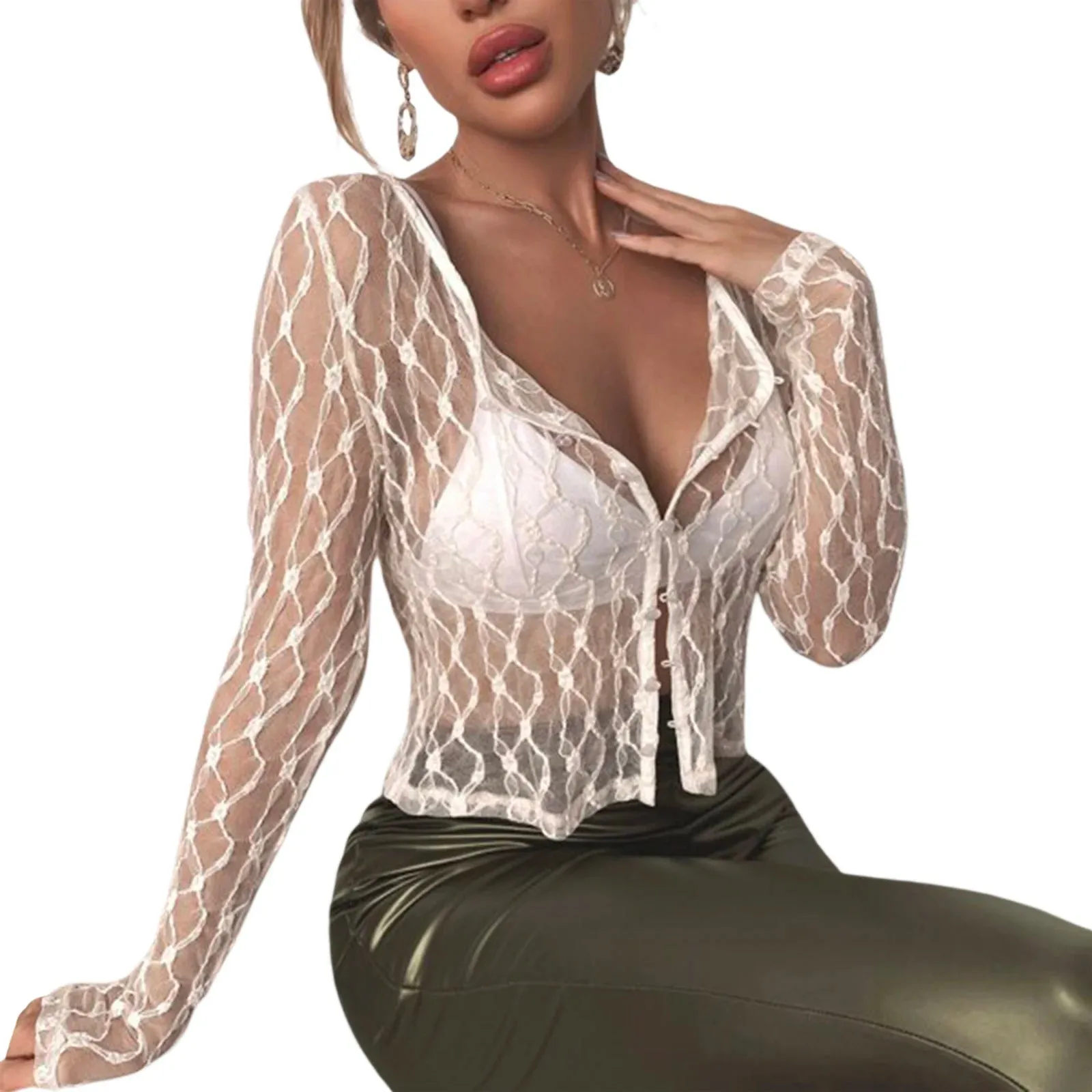 Women's V-Neck Lace Fashion Designer Transparent Blouse Long-Sleeve Tops