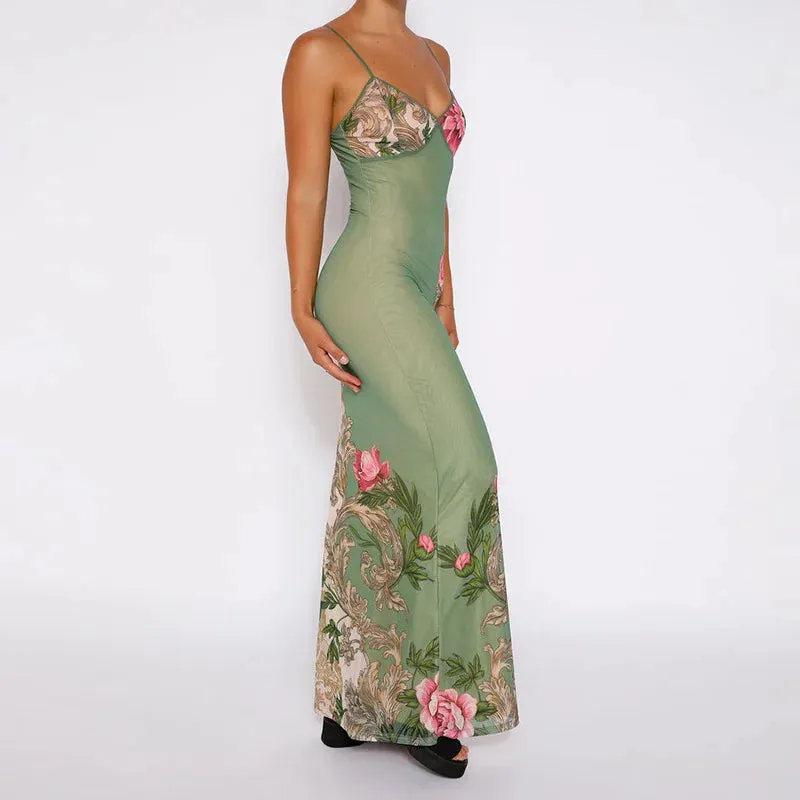 Women's V-Neck Suspender Fashion Designer Floral Dresses (Long)