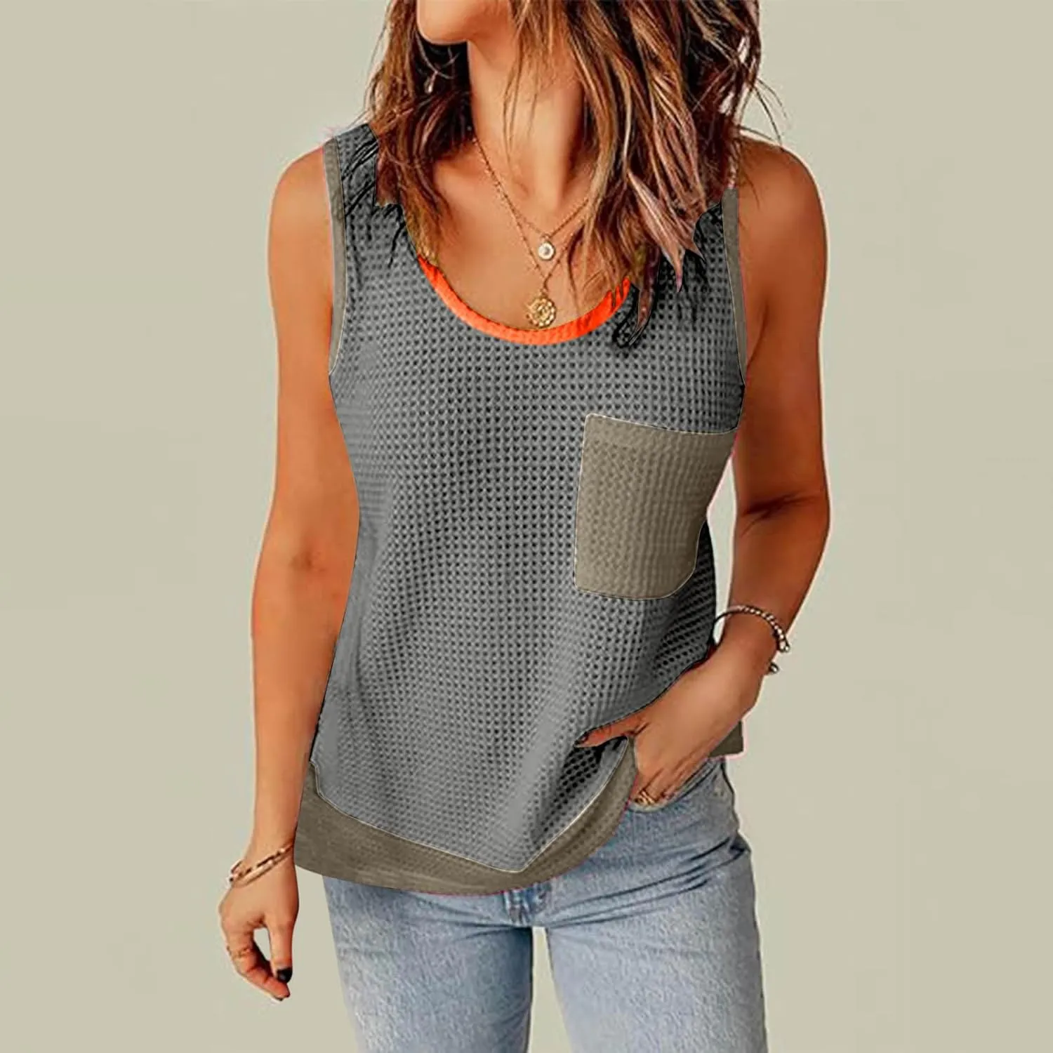Womens Waffle Knit Tank Tops with Pockets, Summer Casual Crewneck Sleeveless Shirts Color Block Blouses
