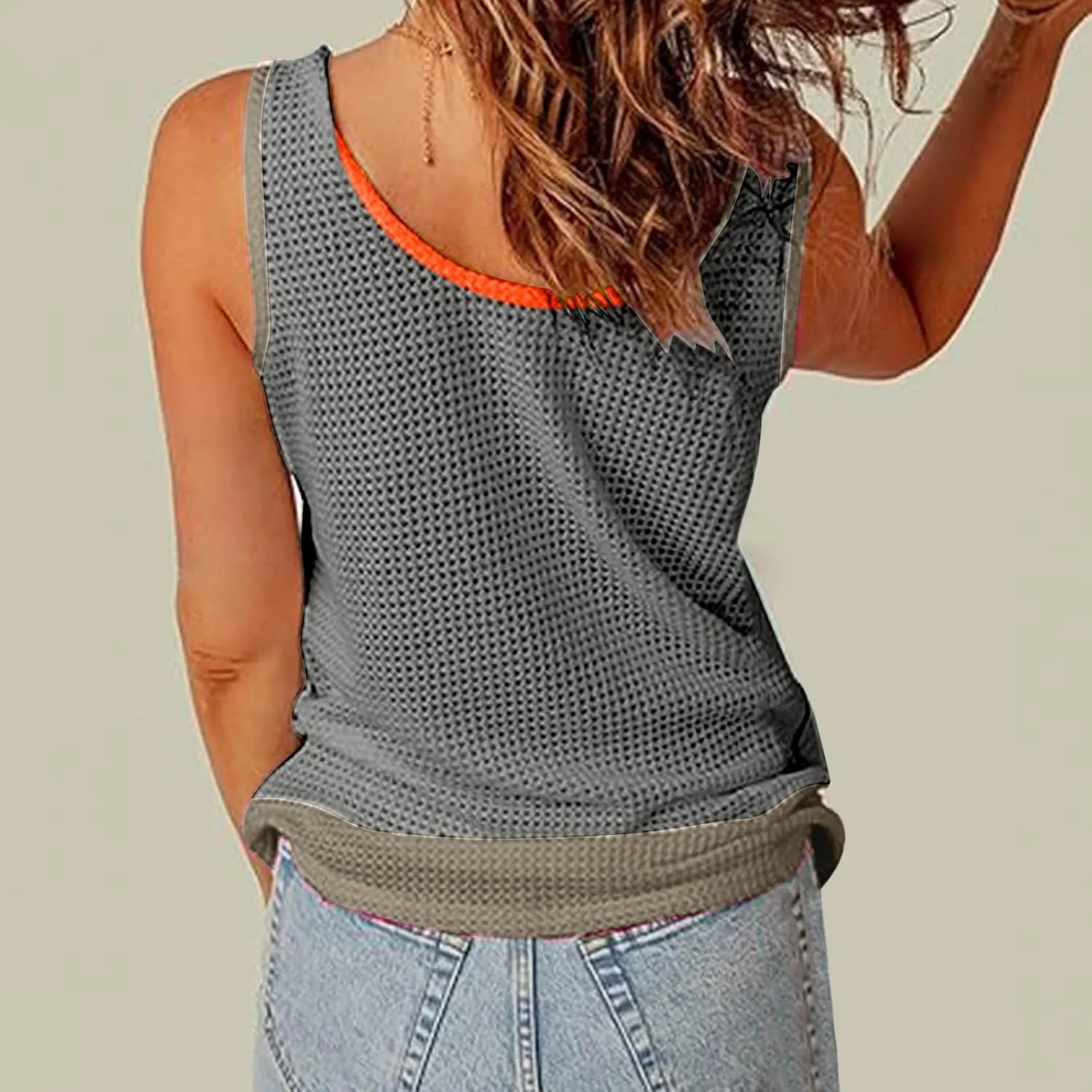 Womens Waffle Knit Tank Tops with Pockets, Summer Casual Crewneck Sleeveless Shirts Color Block Blouses