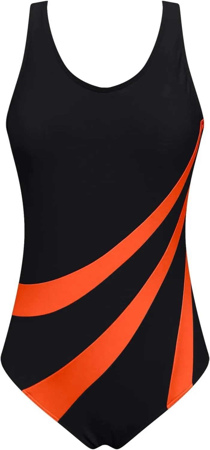 Workout Swimsuit Women One Piece Athletic Bathing Suit Tummy Control Backless Swimwear Trendy Crew Neck Beachwear