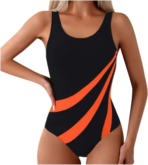 Workout Swimsuit Women One Piece Athletic Bathing Suit Tummy Control Backless Swimwear Trendy Crew Neck Beachwear