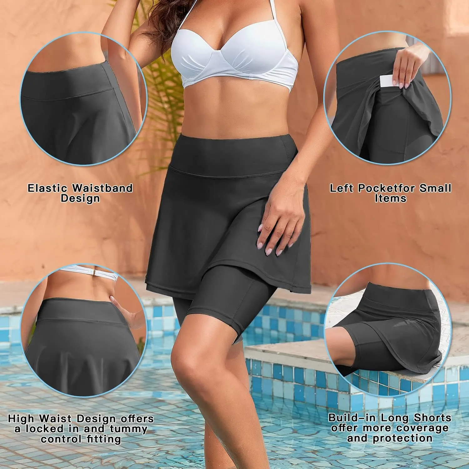 WOWENY Women Swim Skirt High Waisted Swimsuit Bottom Built-in Swim Bikini Bottoms