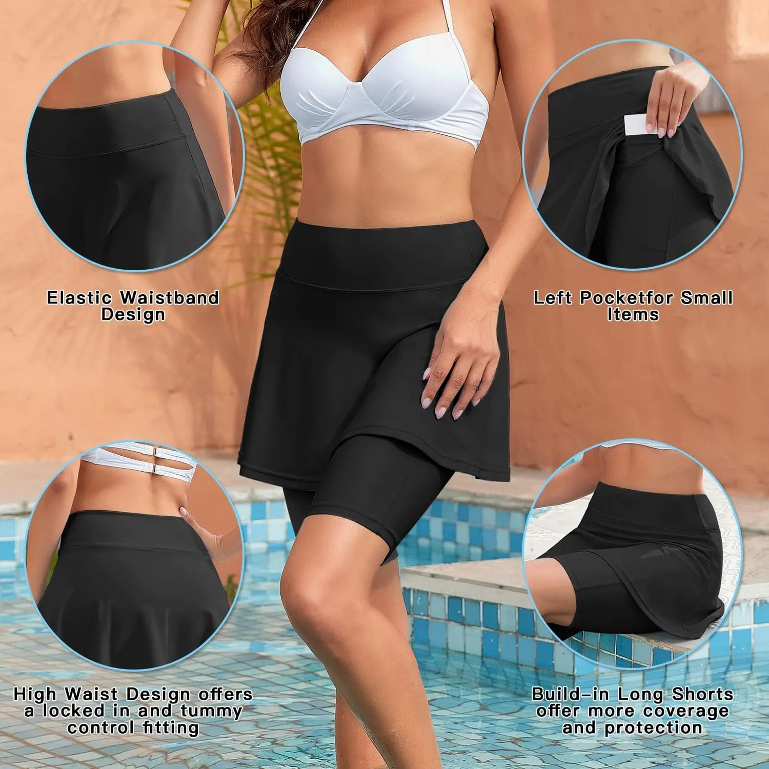 WOWENY Women Swim Skirt High Waisted Swimsuit Bottom Built-in Swim Bikini Bottoms