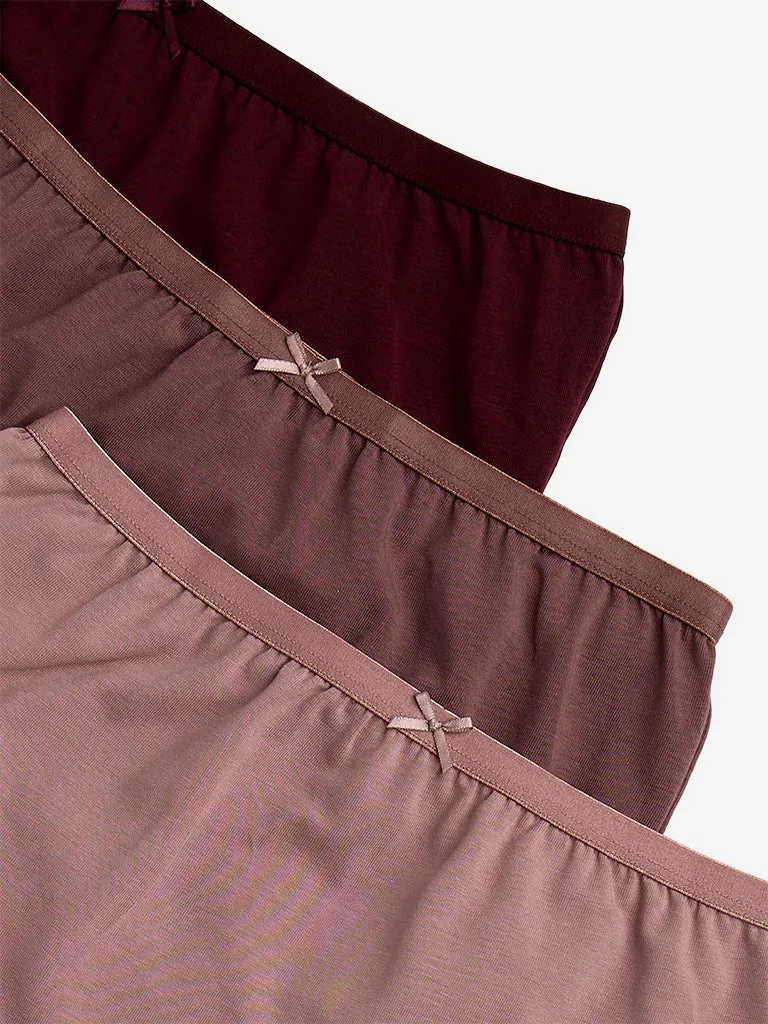 Wunderlove Burgundy Solid Cotton-Blend Briefs - Pack of 3