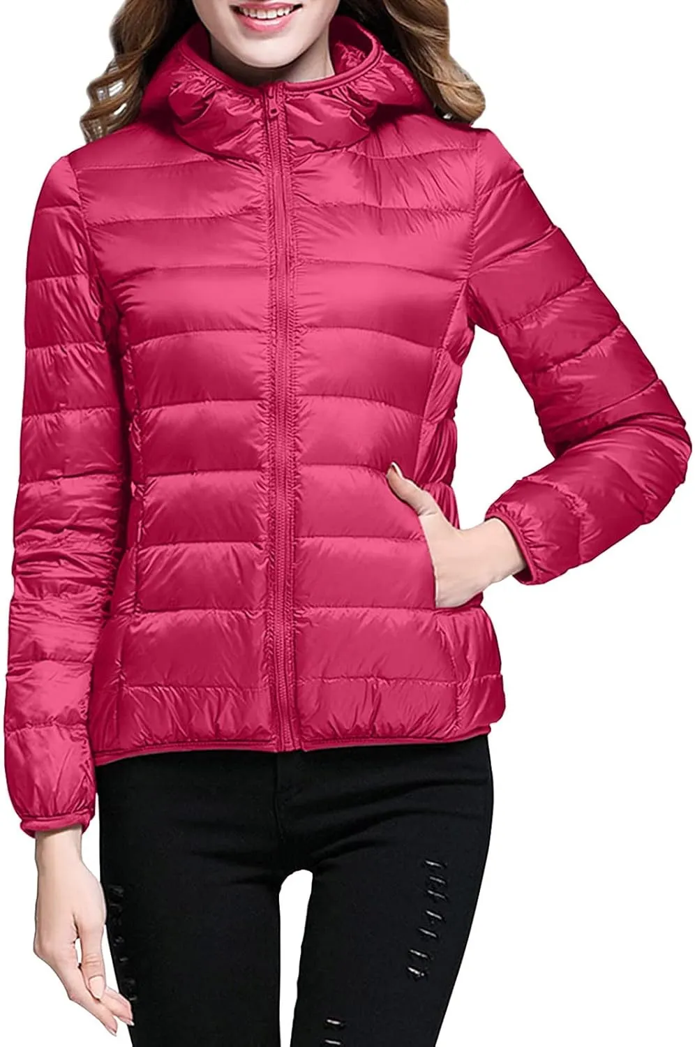 XUETON Womens Zip Up Lightweight Packable Down Puffer Jacket Autumn Winter Warm Hooded Windproof Water-Resistant Short Down Jacket Outerwear(Hot Pink,Large)