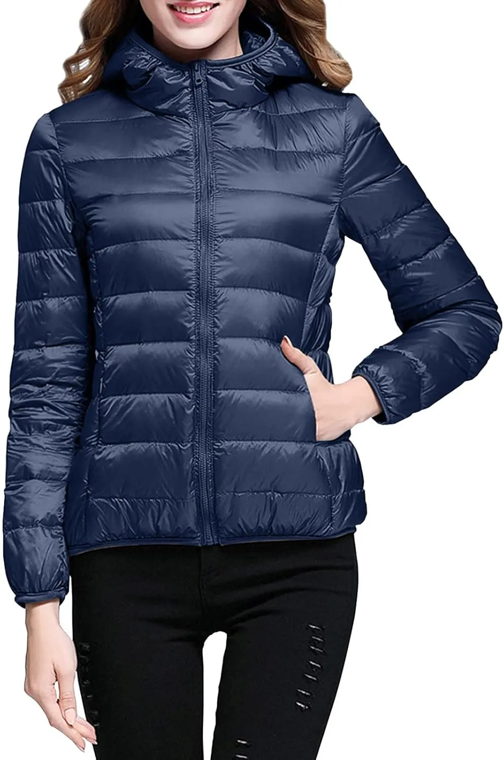 XUETON Womens Zip Up Lightweight Packable Down Puffer Jacket Autumn Winter Warm Hooded Windproof Water-Resistant Short Down Jacket Outerwear(Navy,XX-Large)