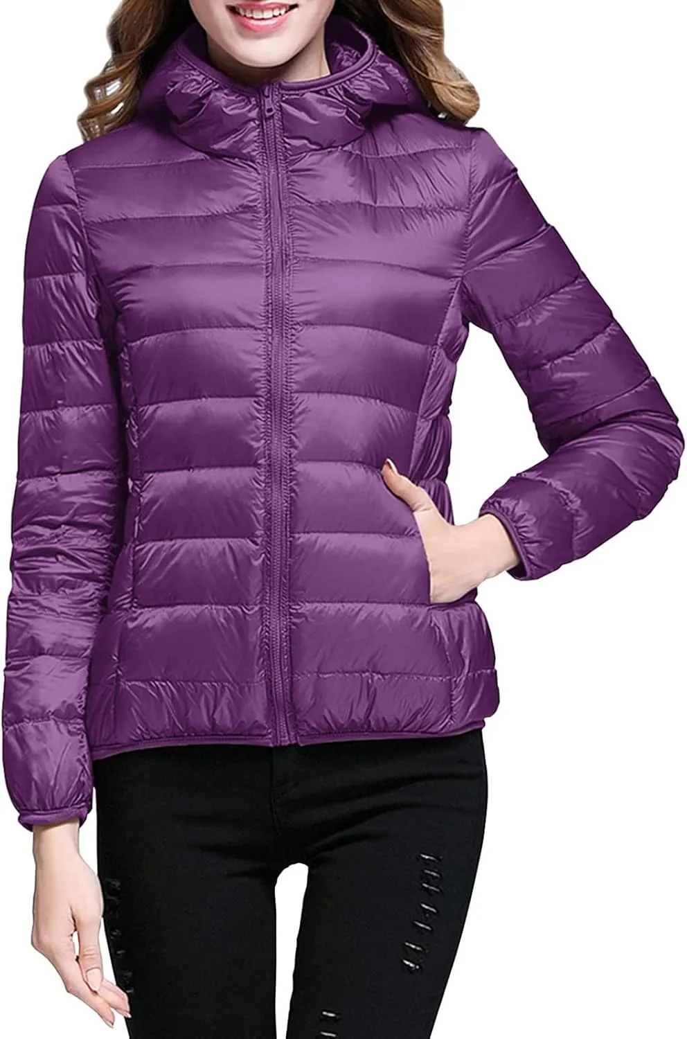 XUETON Womens Zip Up Lightweight Packable Down Puffer Jacket Autumn Winter Warm Hooded Windproof Water-Resistant Short Down Jacket Outerwear(Purple,Medium)
