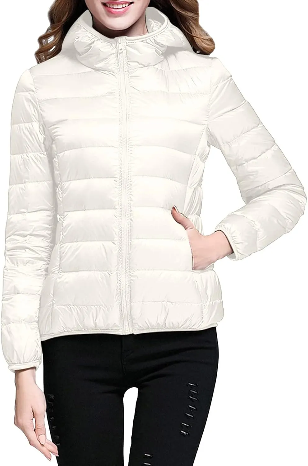 XUETON Womens Zip Up Lightweight Packable Down Puffer Jacket Autumn Winter Warm Hooded Windproof Water-Resistant Short Down Jacket Outerwear(White,Small)