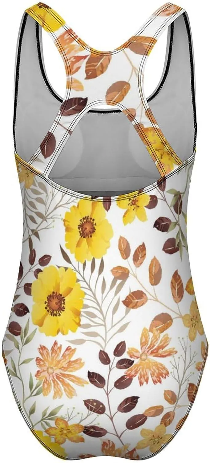 Yellow Floral Women's One Piece Swimsuits Strappy Scoop Neck Modern Tummy Control Swimsuits
