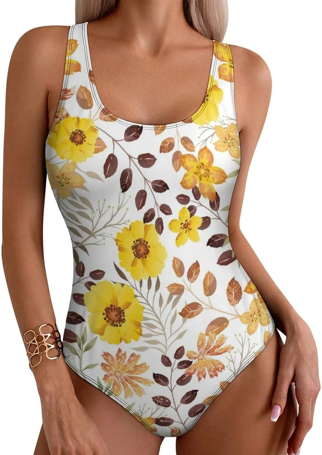 Yellow Floral Women's One Piece Swimsuits Strappy Scoop Neck Modern Tummy Control Swimsuits